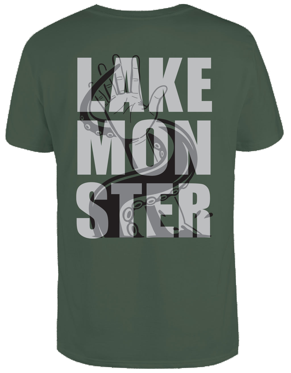 Under Attack Lake Monster Montana t-shirt in green, back view